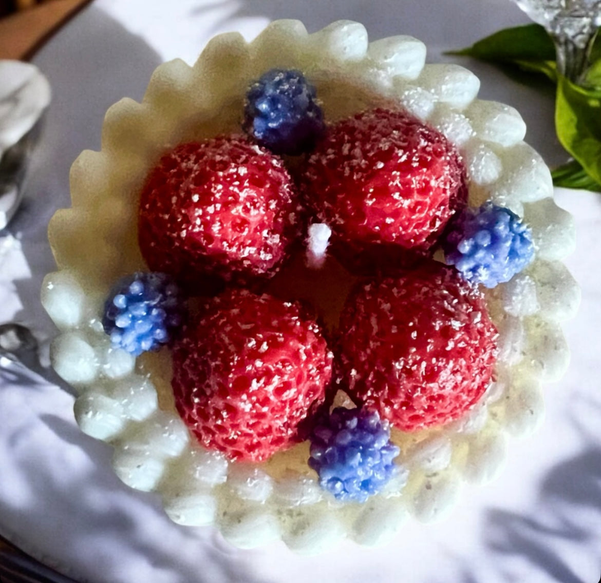 Cake with fruits and powder sugar